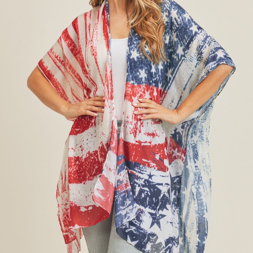 American Flag Print Sheer Kimono Cover-Up - Red, White & Blue